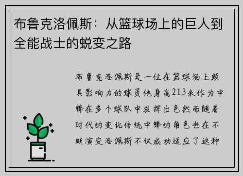 布鲁克洛佩斯：从篮球场上的巨人到全能战士的蜕变之路